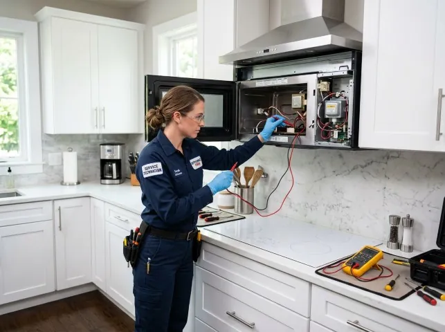 Appliance Repair Hero technician testing an over-the-range microwave in a Allston, MA kitchen